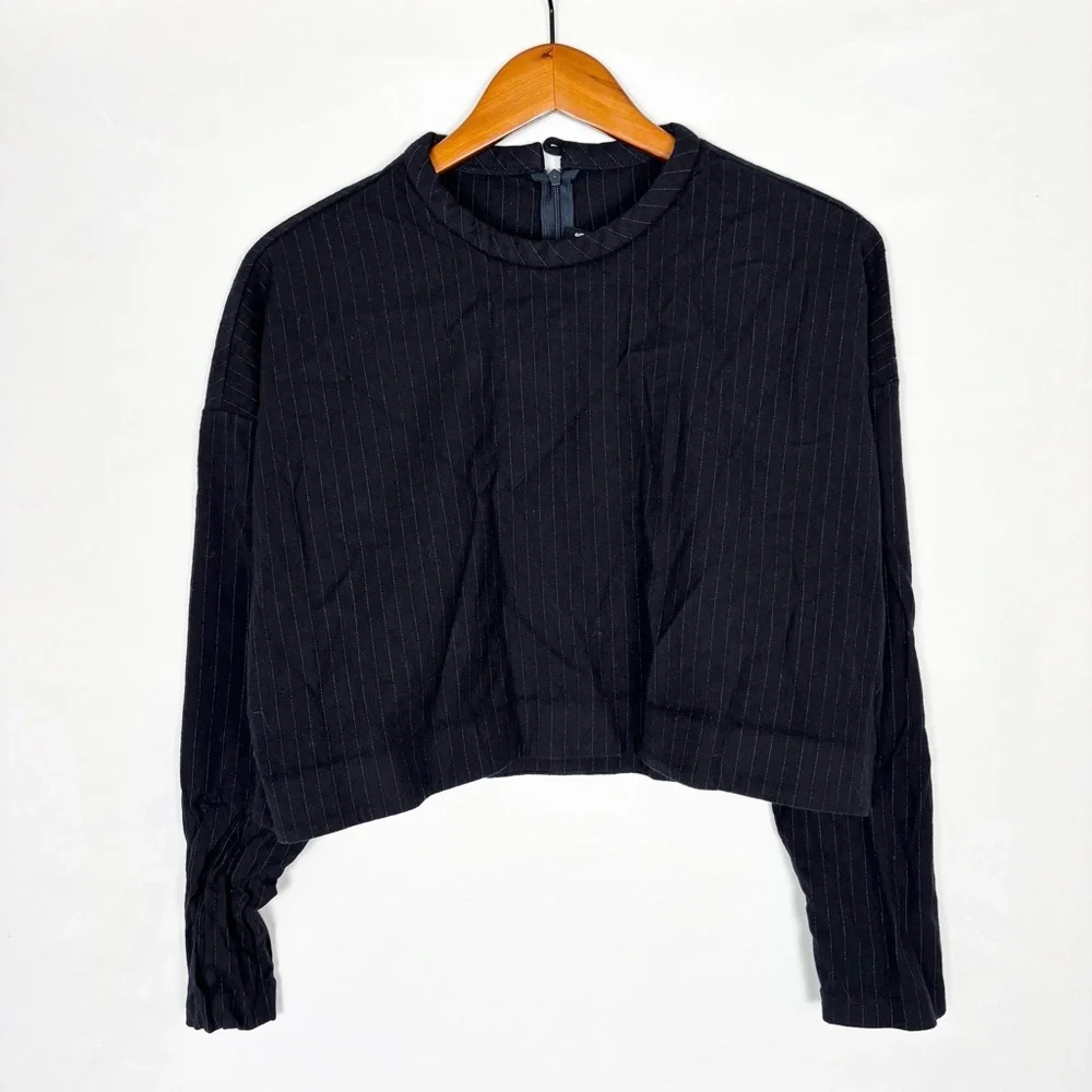 Nicholas Wool Crop Long Sleeve Stripe Shirt Black Size 6
